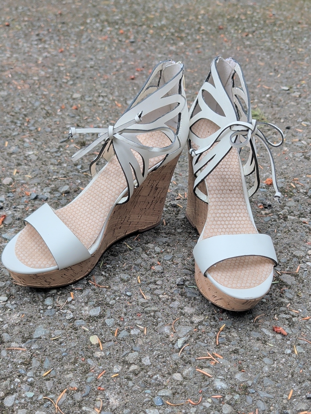 Ivanka Trump White Cutout Lace-Up Cork Wedge Sandals